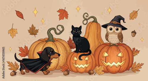 Halloween scene with dog, cat, owl, and pumpkins 
