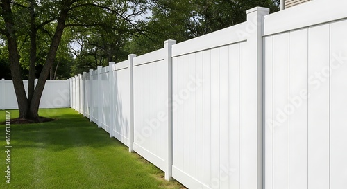 White vinyl fence in a residential backyard.