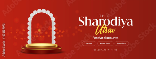 Creative Durga Puja sale template with golden podium, mandala frame, festive promotions and online advertisements.