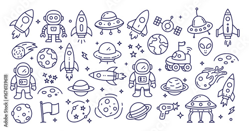 Space doodle seamless pattern with astronaut, rocket, UFO, planets, stars, galaxy, alien, space elements vector illustration