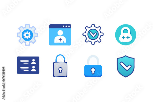 Collection of modern flat icons representing security privacy and user settings