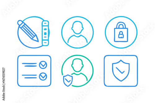Collection of modern line icons representing user account management security and task completion