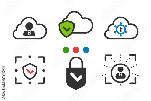Digital security and data protection icons with cloud and biometric elements