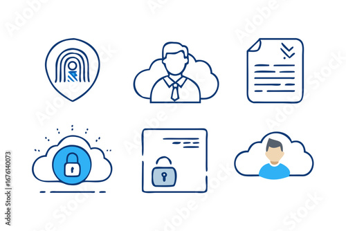 Digital security and personal data protection icons representing identity verification and cloud storage