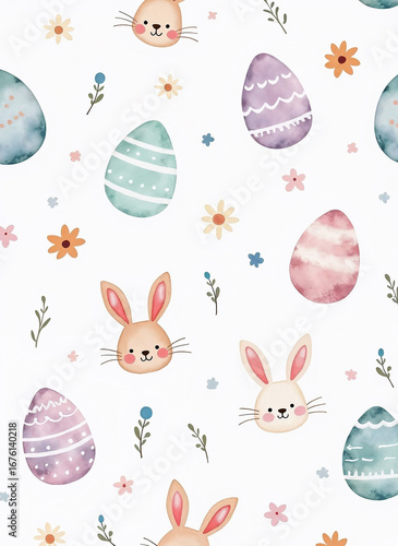 Cute Easter watercolor seamless pattern with adorable bunnies, decorated eggs, and little flowers on a clean white background.