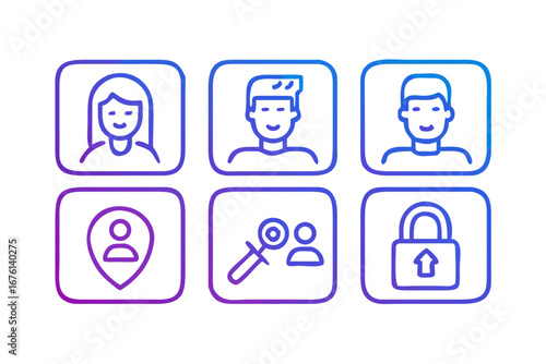 Set of user interface icons representing profiles location search and security with a gradient color scheme