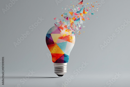 Floating light bulb with colorful geometric patterns and vibrant triangles dispersing from it, symbolizing creativity and innovation