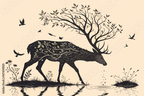 Deer Spirit of the Forest: A majestic stag, its form interwoven with the essence of nature – a crown of blossoming branches, a coat of vibrant foliage, and the gentle lapping of water at its feet.