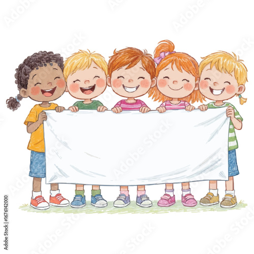 Diverse Children Holding Blank Banner, Ready for Custom Message