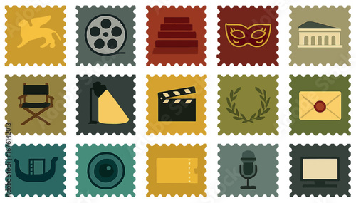 Venice Film Festival Cinema Icons Postage Stamps Illustration