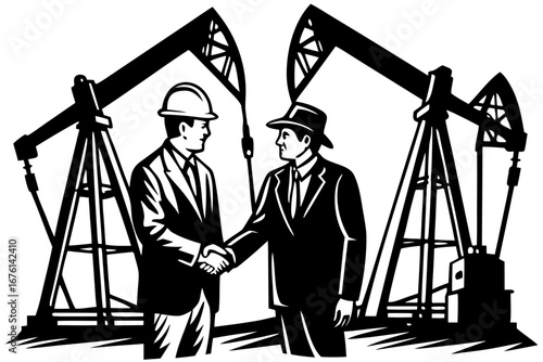 Petroleum Deal: Two figures shake hands in a monochrome image, solidifying a deal with oil derricks in the background, representing a partnership and agreement in the oil industry.