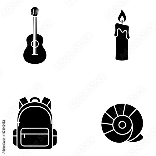 Illustration showing a guitar, a candle, a backpack, and a snail shell in a simple black and white style