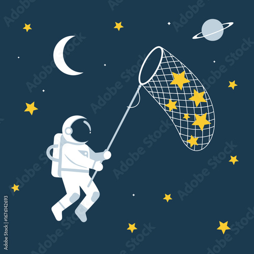 Astronaut catching stars in a net against a starry night sky.