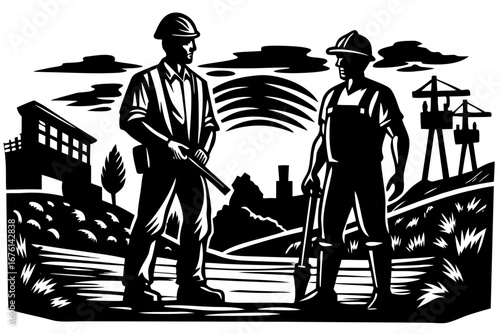 Construction Crew Silhouette: A detailed and striking silhouette of construction workers in their work environment, symbolizing dedication and hard work in the building industry. 