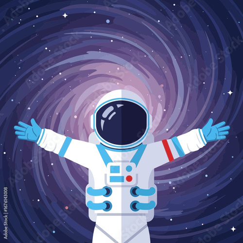 Astronaut with arms outstretched in colorful cosmic background.