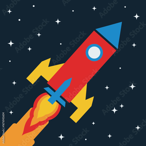 Colorful rocket launching into starry night sky.