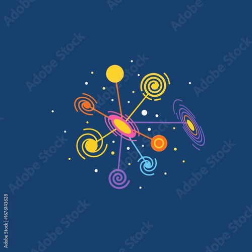 Colorful abstract representation of a galaxy with swirling arms and planets.