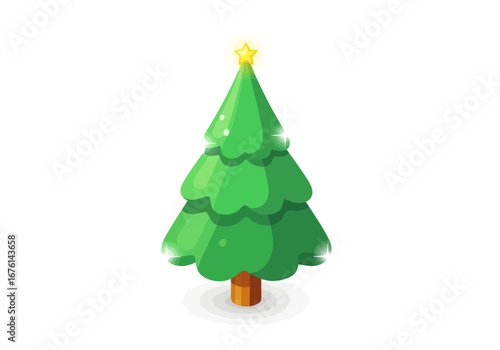 Vector art of a stylized, cartoonish green christmas tree with a golden star on top, isolated on a