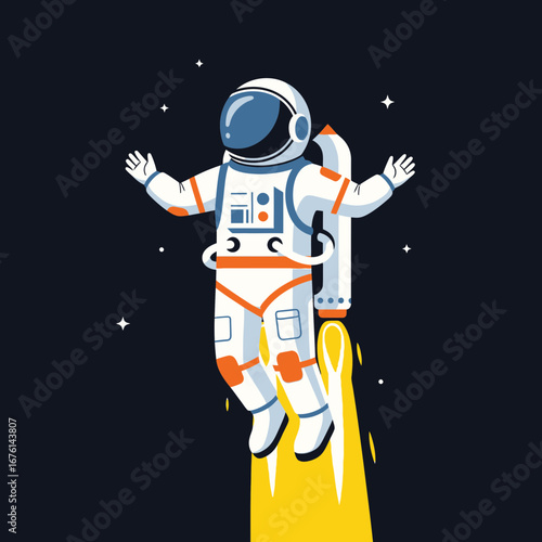 Astronaut floating in space with bright yellow propulsion.
