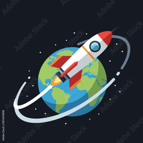 Rocket launching from earth into starry space.