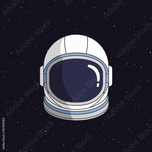 Astronaut helmet floating in dark starry space.