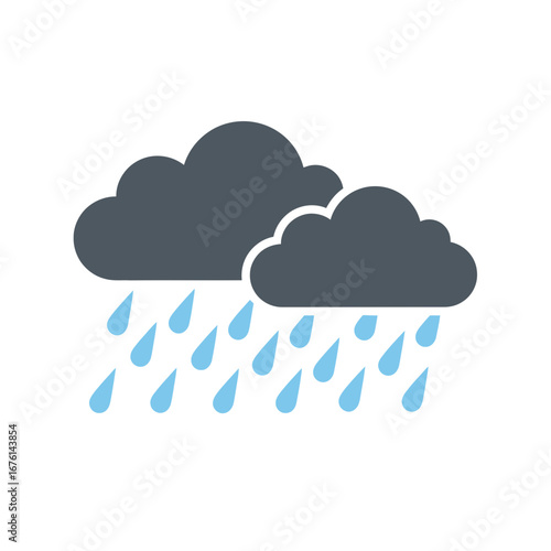 Dark clouds with falling rain drops against a white background.