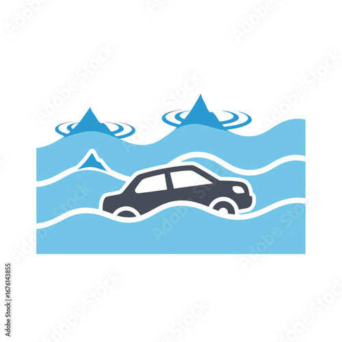 Car submerged in floodwaters with choppy waves.