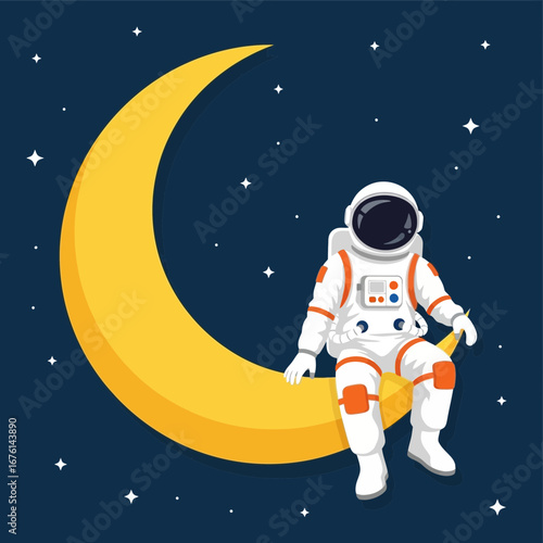 Astronaut sitting on a crescent moon in starry night sky.