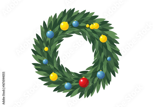 Vector art of christmas wreath with green foliage and colorful baubles