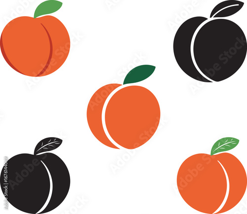 Flat Minimal Peach Icon Set. Vector Fruit Graphics