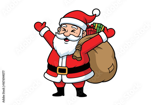 Vector art of cheerful cartoon illustration of santa claus waving with a sack full of gifts