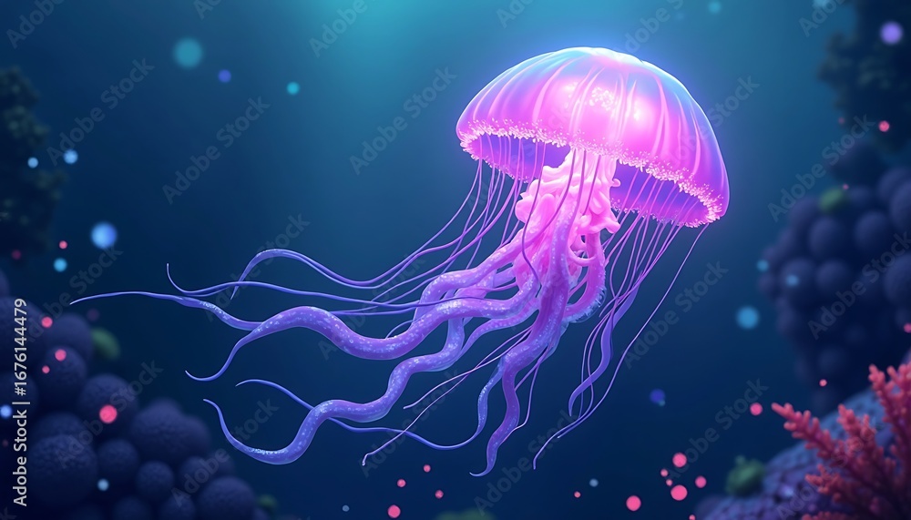 Fototapeta premium Glowing Jellyfish Floating Underwater with Tentacles in a Deep Blue Ocean