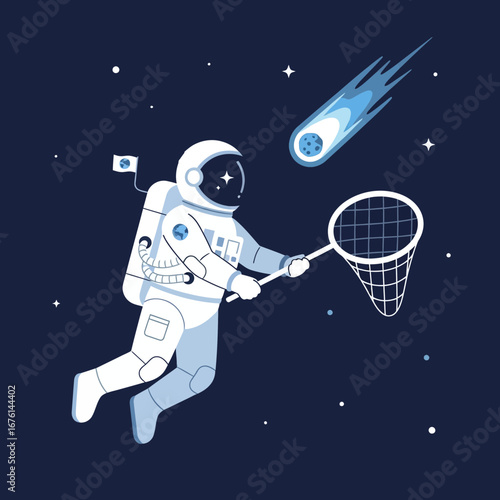 Astronaut catching a shooting star with a net in outer space.