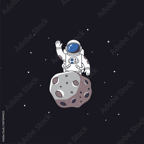 Astronaut waving from a moon in starry space.