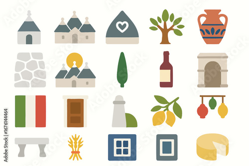 Alberobello Apulia Italy Icon Set Traditional Trulli Culture Travel Symbols
