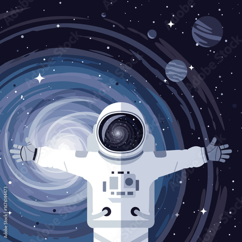 Astronaut floating in colorful galaxy with planets and stars.