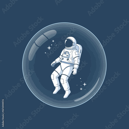 Astronaut floating inside a transparent bubble against blue background.