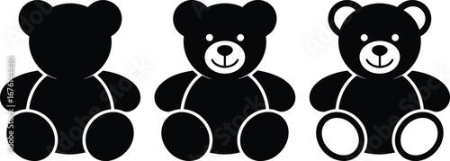 Black Teddy Bear Icon Set for Children, Cute Plush Toy Vector Designs for Kids, Fun, Simple Illustration Collection.