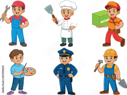 Cartoon characters representing various professions including chef, artist, police, mechanic, delivery worker, and construction worker in colorful vector illustration