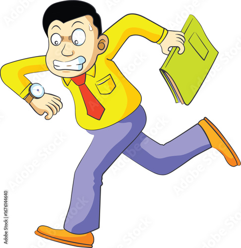 Cartoon illustration of stressed businessman running late with documents, looking at watch, rushing to work or meeting urgently.