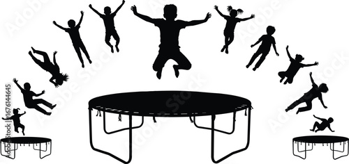 Children Jumping on Trampoline, Fun Playtime Outdoor Activity, Silhouette Motion, Healthy Lifestyle, Energy and Joy Concept