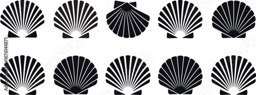 Elegant black scallop seashell icons with bow ties, marine shellfish clipart set, symmetrical vector collection for coastal design themes.