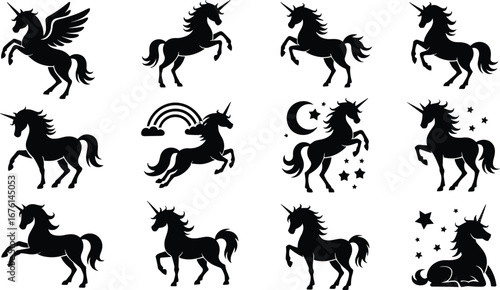 Magical unicorn silhouette vector set with fantasy themes, ideal for kids designs, stickers, fairy tale prints, and digital crafts.