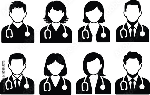 Medical team vector icons set of doctors and healthcare professionals with stethoscopes, male and female avatars in black silhouette.