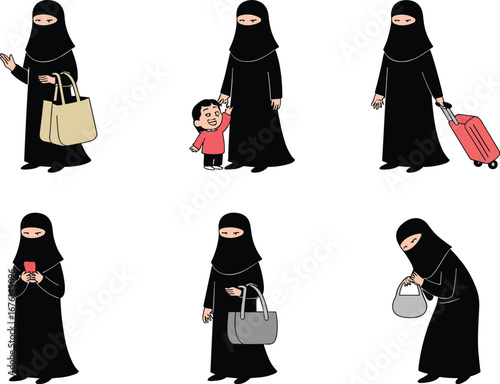 Muslim woman in black abaya and niqab performing daily activities including travel, parenting, shopping, and communication in cartoon vector illustration