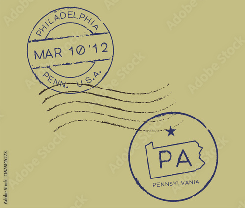 Two postmarks on a khaki background. One reads "Philadelphia-Penn., U.S.A." with a date, the other "Pennsylvania" with a ZIP code, set within the state's outline.