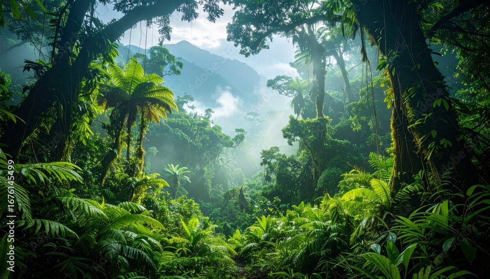Obraz premium Lush Rainforest Landscape with Dense Foliage and Misty Background