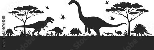 Silhouette of Dinosaurs in Prehistoric Landscape with Trees and Flying Birds - Dinosaur Vector Scene for Educational and Design Use