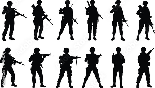 Silhouettes of Armed Soldiers in Combat Poses Holding Rifles - Military Army Troops Vector Illustration on White Background
