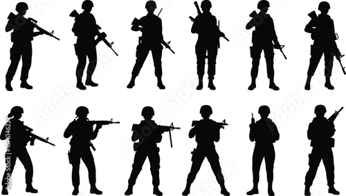 Silhouettes of Armed Soldiers Standing with Rifles in Various Poses – Military Personnel Vector for Combat, War, or Defense Themes